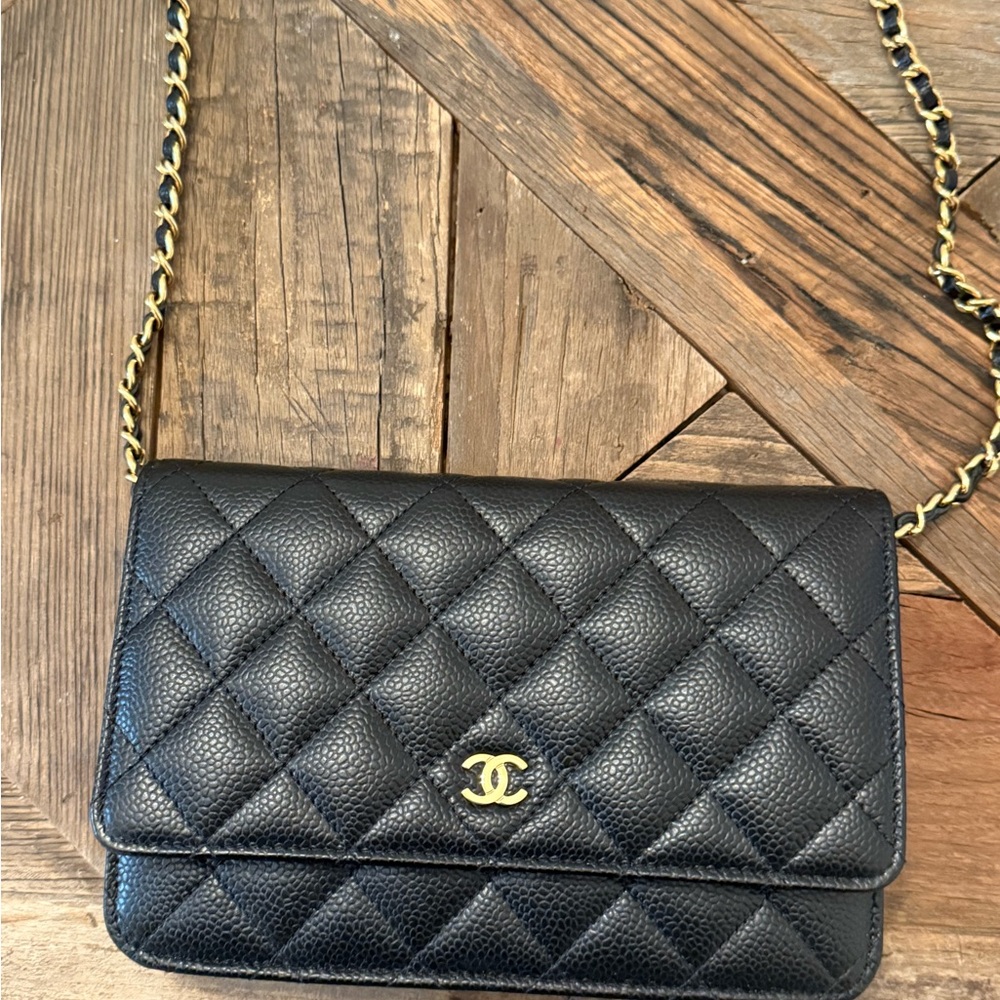 Chanel Black Caviar Leather Wallet On Chain